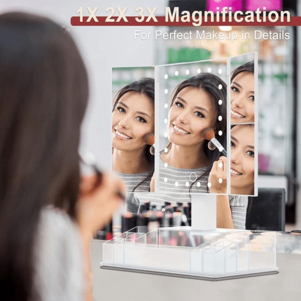 Lighted Makeup Mirror with Storage – Tri-Fold Vanity Mirror 24 LED Lights, Touch Screen, 3X/2X/1X Magnification, 180° Rotation, Dual Power Supply, White & Rose Gold