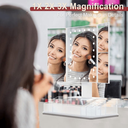 Lighted Makeup Mirror with Storage – Tri-Fold Vanity Mirror 24 LED Lights, Touch Screen, 3X/2X/1X Magnification, 180° Rotation, Dual Power Supply, White & Rose Gold