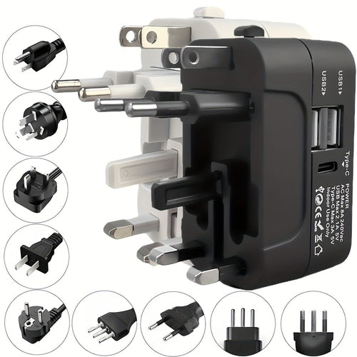 Universal Travel Adapter with Surge Protection - 2 USB & Type-C Ports, All-in-One International Plug for 350+ Countries, 100-240V Input, Fast Charging, Compact Lightweight Design, White & Black