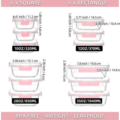 Glass Food Storage Containers with Airtight Lids - Borosilicate Glass Meal Prep Containers Set, Microwave Dishwasher Freezer Safe, BPA Free, Leak Proof Lunch Containers for Kitchen