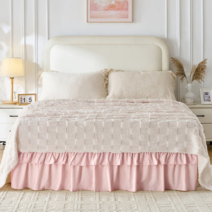 Double Ruffle Bed Skirt 16" Drop | Elastic Wrap Around Dust Ruffle for Twin Full Queen King Bed | Easy Install Machine Washable Soft Linen Poly Blend Bedskirt
