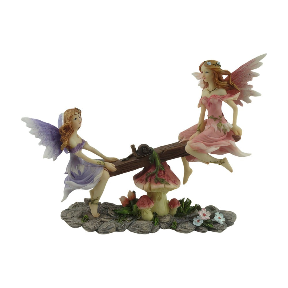 Fairy Figurine Statue Pink Purple Fairy on Seesaw Sculpture Polyresin Home Decor Tabletop Ornament Office Desk Decoration Collectible Gift for Women Girls Birthday Christmas Housewarming 7.75"W