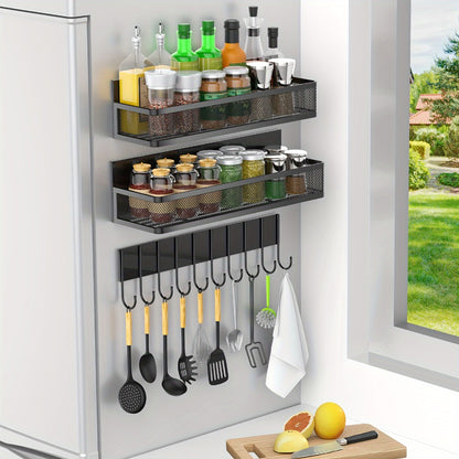 Magnetic Floating Shelf for Refrigerator 4-Piece Set with Hooks Strong Magnet Kitchen Organizer Fridge Side Storage for Spices Bottles Dorm