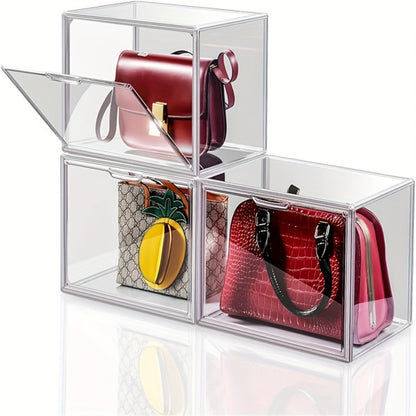 Clear Purse Organizer for Closet – Transparent Acrylic Handbag Display Case with Magnetic Door, Dustproof Stackable Storage Box for Purses, Bags, Collectibles & Cosmetics, Set of 3