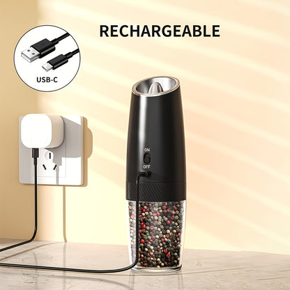 Electric Salt and Pepper Grinder Gravity Sensing USB Rechargeable with LED Light, One-Hand Operation Automatic Pepper Mill Adjustable Coarseness, Battery or Type-C Powered Kitchen Spice Grinder Set 1-2pcs