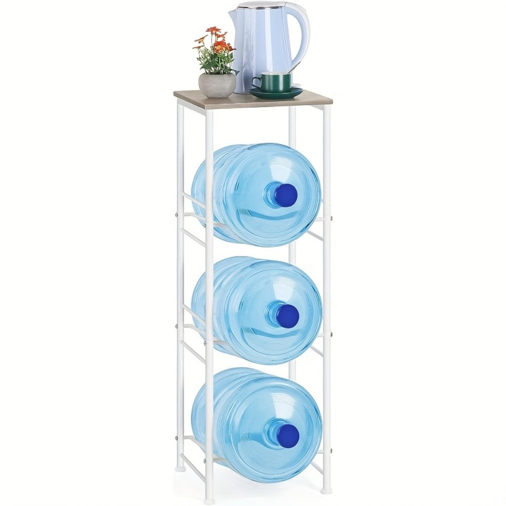 5-Gallon Water Jug Holder 3-Tier – Heavy Duty Water Bottle Rack Organizer with Top Shelf & Adjustable Legs for Kitchen, Living Room & Office – Particleboard & Steel Frame, White, Brown & Black