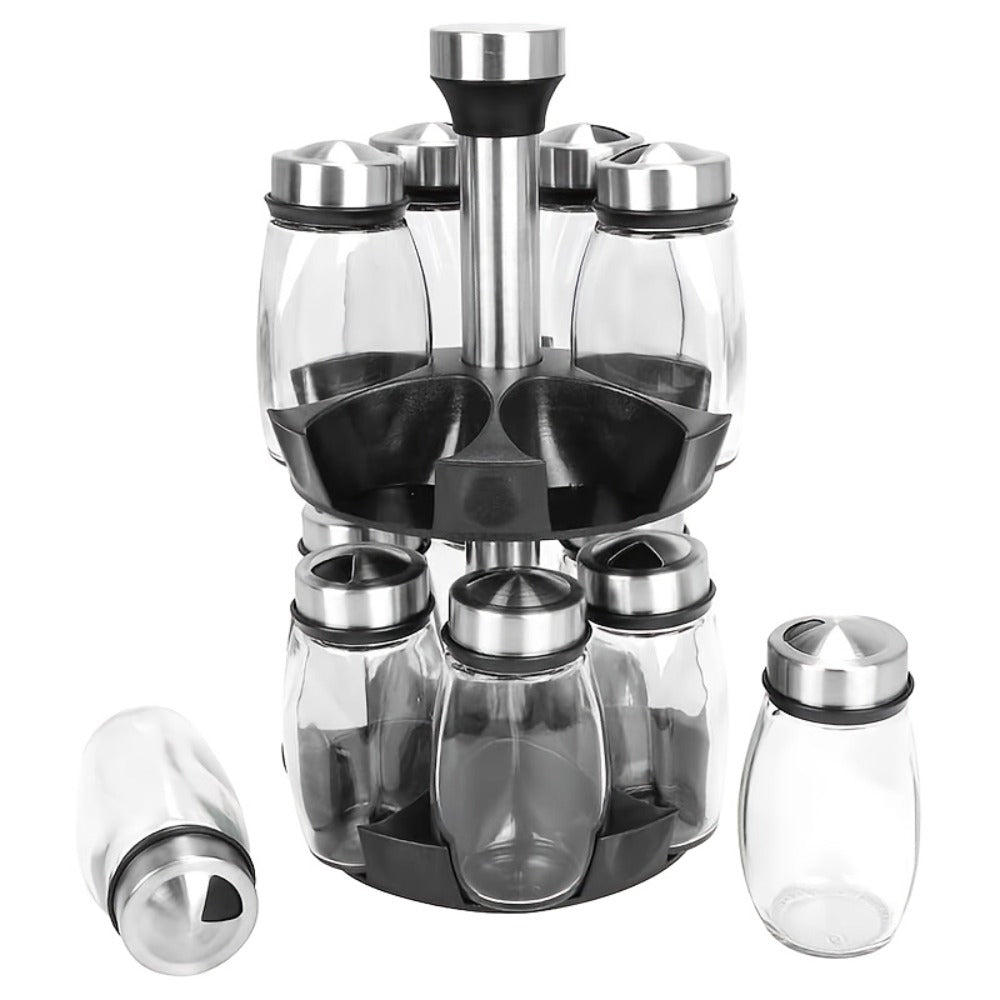 Glass Spice Jar Set with Rotating Rack – Airtight Kitchen Spice Organizer with 360° Stainless Steel Stand – Food Grade Glass Seasoning Bottles for Pantry, Cabinet & Countertop Storage – 6 or 12 Piece