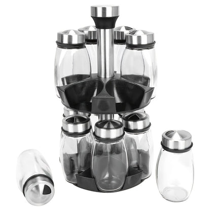 Glass Spice Jar Set with Rotating Rack – Airtight Kitchen Spice Organizer with 360° Stainless Steel Stand – Food Grade Glass Seasoning Bottles for Pantry, Cabinet & Countertop Storage – 6 or 12 Piece