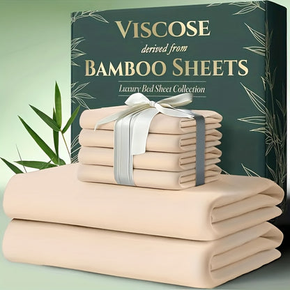 Bamboo Cooling Bed Sheets 6-Piece Set Deep Pocket Fits Twin Full Queen King Ultra-Soft Breathable Bedding for Hot Sleepers Machine Washable Double-Stitched