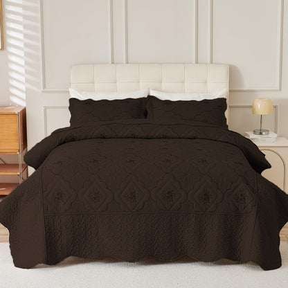 Quilt Set 3 Piece Floral Embroidery Bedspread - 100% Polyester Wrinkle Resistant Lightweight Quilted Coverlet with 2 Pillow Shams for Full Queen King Bed, Elegant Bedroom Decor in 19 Colors