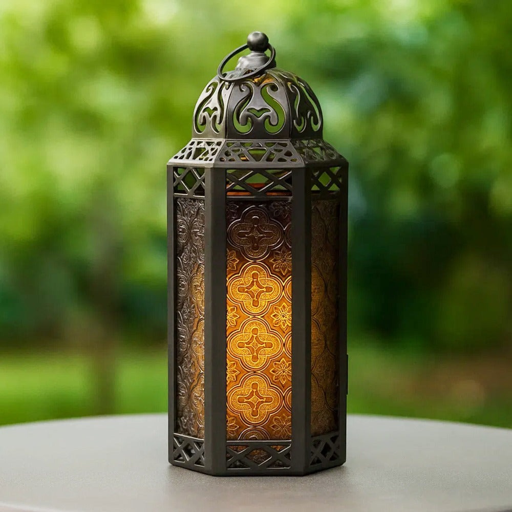 Moroccan Candle Lantern Holder - Decorative Metal & Glass Lantern with Embossed Floral Design for Indoor Home Decor, Garden, Patio, Weddings, Ramadan, Halloween & Holiday Celebrations - 10.5" Tall Medium Size
