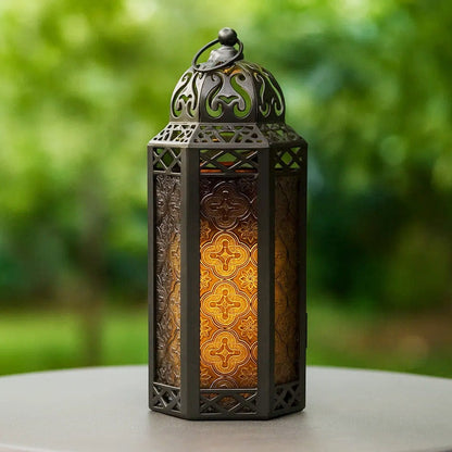 Moroccan Candle Lantern Holder - Decorative Metal & Glass Lantern with Embossed Floral Design for Indoor Home Decor, Garden, Patio, Weddings, Ramadan, Halloween & Holiday Celebrations - 10.5" Tall Medium Size