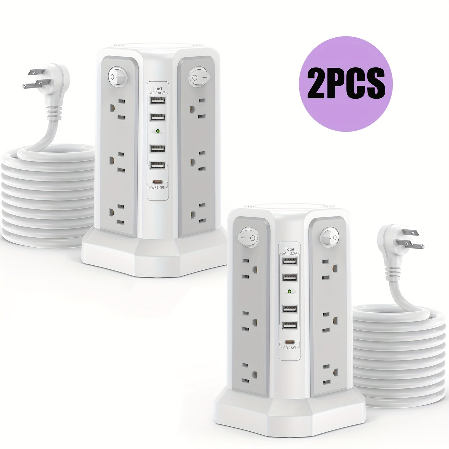 Power Strip Tower Surge Protector 16 AC Outlets 5 USB Ports PD20W USB-C Fast Charging Flat Plug Extension Cord 1500J Overload Protection Desktop Charging Station for Home Office Dorm