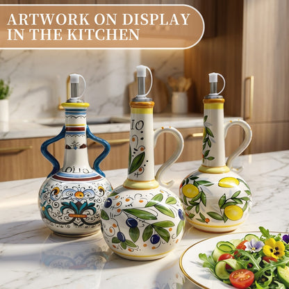 Ceramic Oil and Vinegar Dispenser Set Hand-Painted Underglaze Anti-Drip Leak-Proof Kitchen Oil Bottle with Oil Spout and Foot Pad Olive Green Lemon Yellow