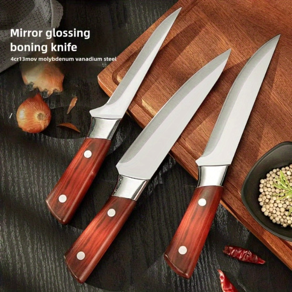 Kitchen Knife Set 3-Piece Hand Forged Stainless Steel Chef Knives with Boning Fillet & Carving Blades – Professional Butcher Set for Meat Cutting BBQ Father's Day Gift