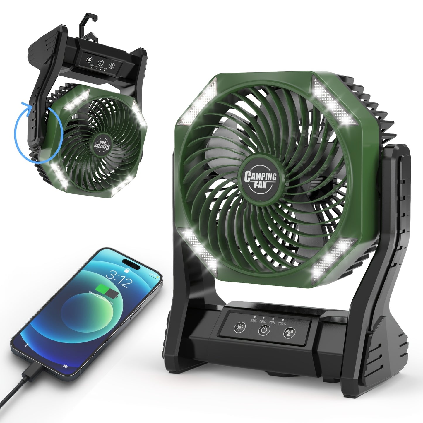 Camping Fan 20000mAh with LED Light and Brushless Motor, 4-Speed 180° Oscillating Portable Outdoor Fan, 22-26H Long Runtime Anti-Slip Base, 3-in-1 Table Fan for Camping, Hiking, Picnic and Emergency