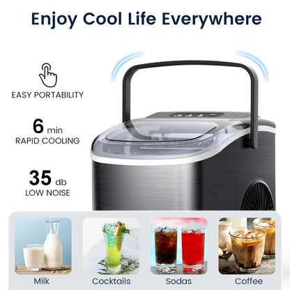 Pebble Ice Maker Countertop – 26 Lbs/24H, 2 Ice Cube Sizes, Sonic Bullet Ice Machine, Auto-Cleaning, Stainless Steel, Ice Scoop & Basket, Optional Descaler Kit for Home, Kitchen, Camping & RV