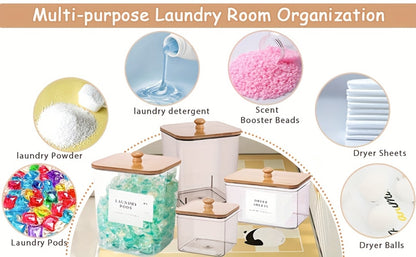 Laundry Pod Containers Set of 4 with Lids Scoops and Labels – Laundry Room Organization Storage Canisters for Pods Detergent Dryer Balls Scent Beads Mixed Color