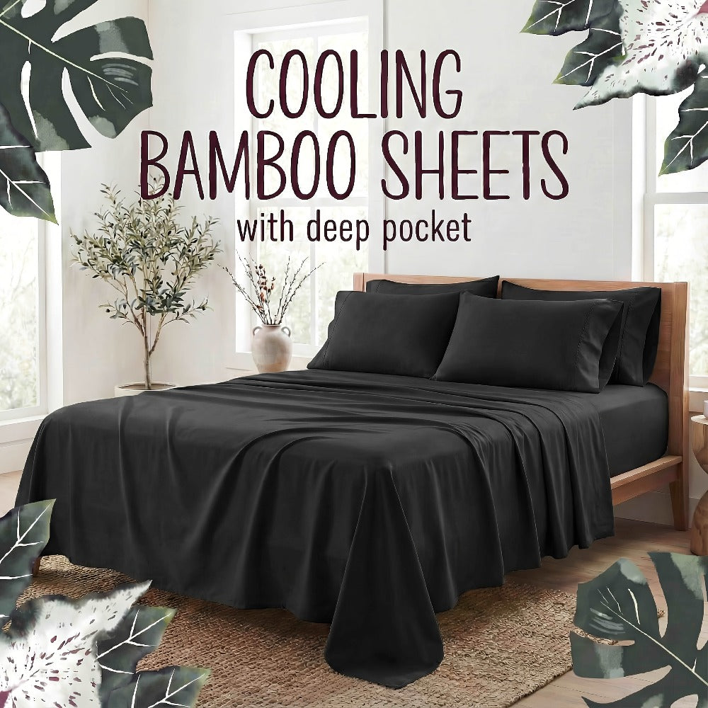 Bamboo Fiber Bed Sheet Set 4-Piece – Cooling Sheets, Hypoallergenic, Deep Pocket Fitted Sheet, Wrinkle-Free Bedding for All Seasons, Twin Full Queen King