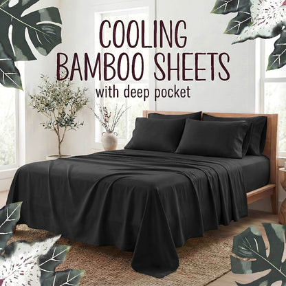 Bamboo Fiber Bed Sheet Set 4-Piece – Cooling Sheets, Hypoallergenic, Deep Pocket Fitted Sheet, Wrinkle-Free Bedding for All Seasons, Twin Full Queen King