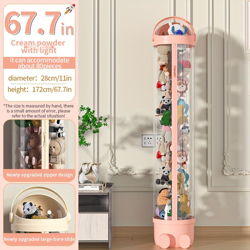 Stuffed Animal Storage Bin Transparent Cylindrical with Zipper – Large Plush Toy Organizer for Kids Bedroom Living Room – Clear Doll Storage Bag Easy Assembly
