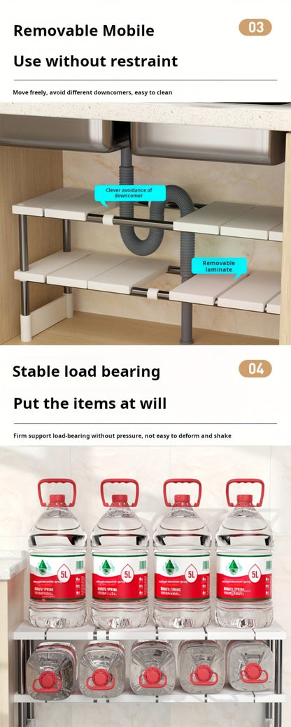 Under Sink Organizer Adjustable - Stainless Steel and Plastic Cabinet Storage Shelf for Kitchen and Bathroom, Space Saving Single Layer Rack for Pots Cleaning Supplies and Toiletries, Multi-Functional Under Cabinet Organizer and Storage