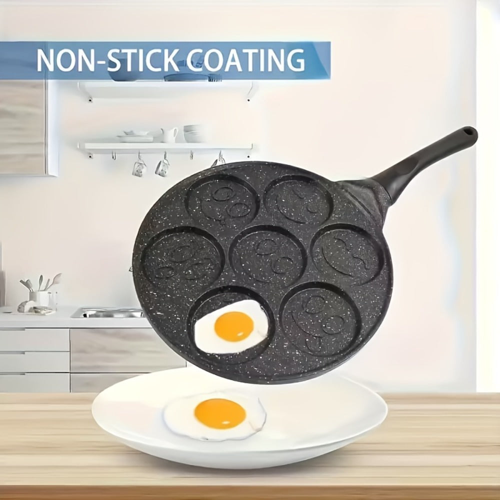 Non-Stick Pancake Pan 7-Hole Smiley Face – Fun Breakfast Egg & Bacon Frying Tray for Kids & Family, Easy to Clean, Mini Pancake Maker Baking Pan Kitchen Cooking Tool