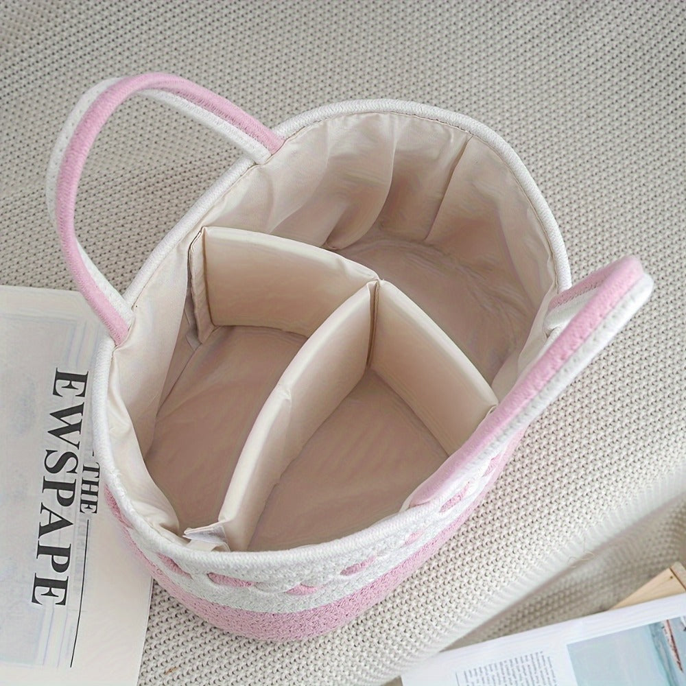 Boho Rope Storage Basket Woven Foldable Organizer 14" Large Capacity - Removable Lining Striped Shelf Basket with Handle for Home Bedroom Living Room Laundry Decor