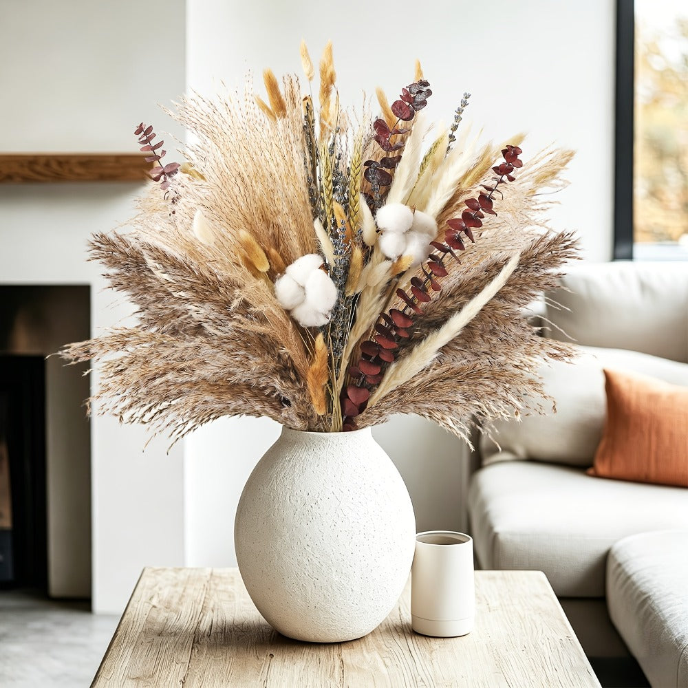 Dried Flower Bouquet 80pcs – Pampas Grass, Bunny Tails, Eucalyptus, Lavender & Wheat Stems for Rustic Boho Home Decor, Vase Filler, Fall Decorations, Wedding Centerpiece & Floral Gift Arrangement