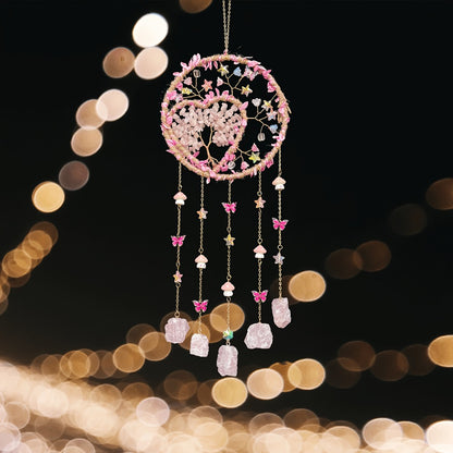 Boho Crystal Wall Hanging Decor – Handmade Stone Bead Wind Chime with Colorful Gemstone Heart & Circular Crystal Pendant for Bedroom Living Room Christmas Mother's Day Thanksgiving Gift (Purple/Pink/Green)