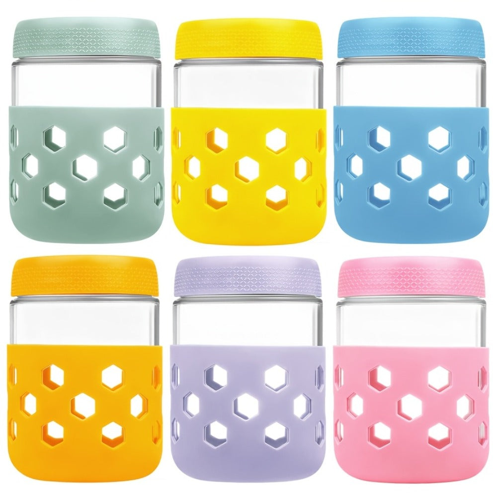 Glass Airtight Jars 6 Pack 16oz - Moisture Proof Food Storage Containers with Screw Top Lids and Silicone Sleeves for Tea Grains Nuts Snacks and Yogurt, Clear Round Glass Canisters for Kitchen Pantry Counter Organization