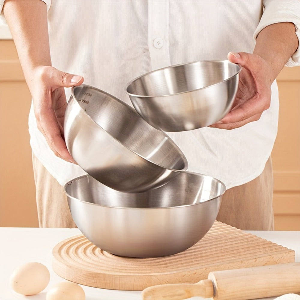 Stainless Steel Mixing Bowl Set 3-Piece with Measuring Marks – Small Medium Large Nesting Bowls for Cooking, Baking & Food Prep, Durable 304 Stainless Steel Salad Bowl Set for Kitchen & Restaurant