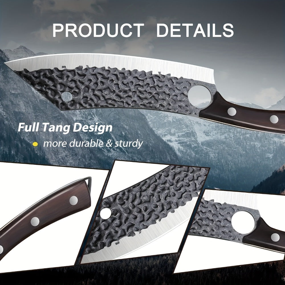Butcher Knife 8 Inch Hand Forged High Carbon Steel Cleaver – Meat & Vegetable Chopping Knife with Finger Hole, Wooden Handle