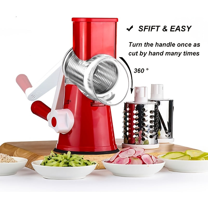 Rotary Cheese Grater with Hand Crank – 3 Interchangeable Blades for Cheese, Vegetables & Nuts, Non-Slip Suction Base, Includes Cleaning Brush – Manual Cheese Shredder for Kitchen (6 Colors)