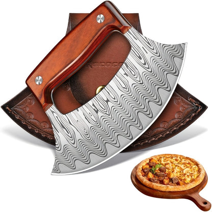 Hand-Forged Ulu Knife Rocker Blade High Carbon Steel Full Tang Rosewood Handle with Leather Sheath & Gift Box, Mezzaluna Chopping Knife for Kitchen Camping BBQ, Chef Gift for Men