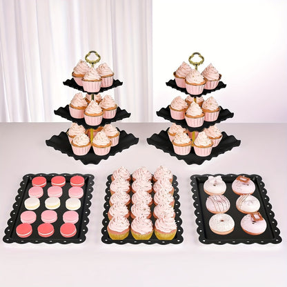 Cake Stand Set 5 Piece – 2 Square Three-Tier Cupcake Stands & 3 Appetizer Trays for Birthday, Baby Shower, Bridal Shower, Christmas, Halloween Party Dessert Display