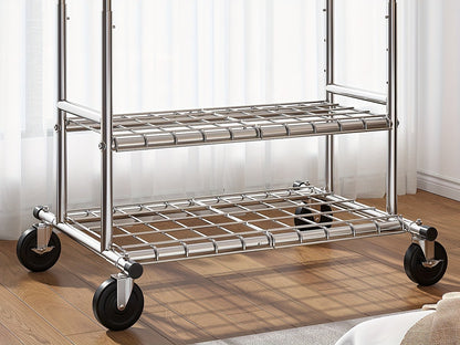 Heavy Duty Clothes Rack 630lbs Double Rod Rolling Garment Rack with Wheels Adjustable Height Width Freestanding Portable Clothing Stand with Bottom Shelves for Bedroom Closet Laundry Room Silver