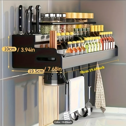 Kitchen Wall Mounted Storage Rack Double Layer – No-Drill Organizer with Knife Slots, Chopstick Holder & Towel Bar, Space-Saving Floating Shelf for Kitchen Counter, 19.69 Inch (Black)