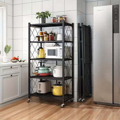 Rolling Storage Rack with Wheels 3 4 5 Tier Folding Shelving Unit No Assembly Required, Freestanding Metal Shelf Organizer for Kitchen Living Room Garage Office Basement, Black White