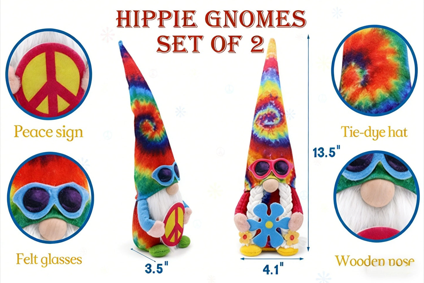 Hippie Gnomes Decorations 2 Pack – Groovy Tie Dye Tomte Figurines with Peace Sign & Fashion Glasses, 13.5" Swedish Gnome Shelf Sitters for Farmhouse, Christmas, Halloween & Party Decor