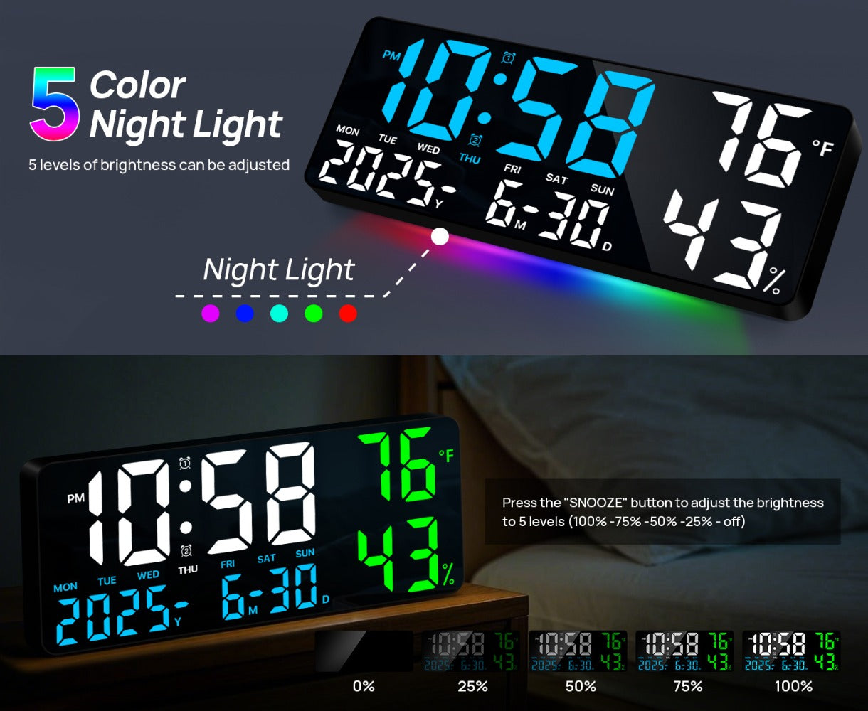 Large Digital Wall Clock with Remote Control – 14.6" LED Display Dual Alarm Clock with Night Light, Temperature, Humidity, Date & Week – RGB Color-Changing Bedroom & Living Room Clock Gift for Elderly
