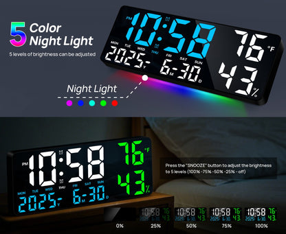 Large Digital Wall Clock with Remote Control – 14.6" LED Display Dual Alarm Clock with Night Light, Temperature, Humidity, Date & Week – RGB Color-Changing Bedroom & Living Room Clock Gift for Elderly