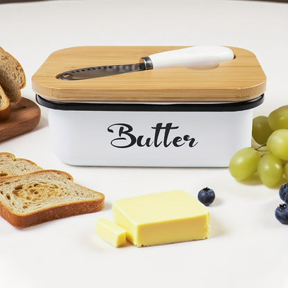 Butter Dish with Bamboo Lid & Knife, Iron Airtight Butter Keeper & Cheese Storage Box — Large Capacity Kitchen Counter Butter Container | Holiday Gift | Black, Gray, Green