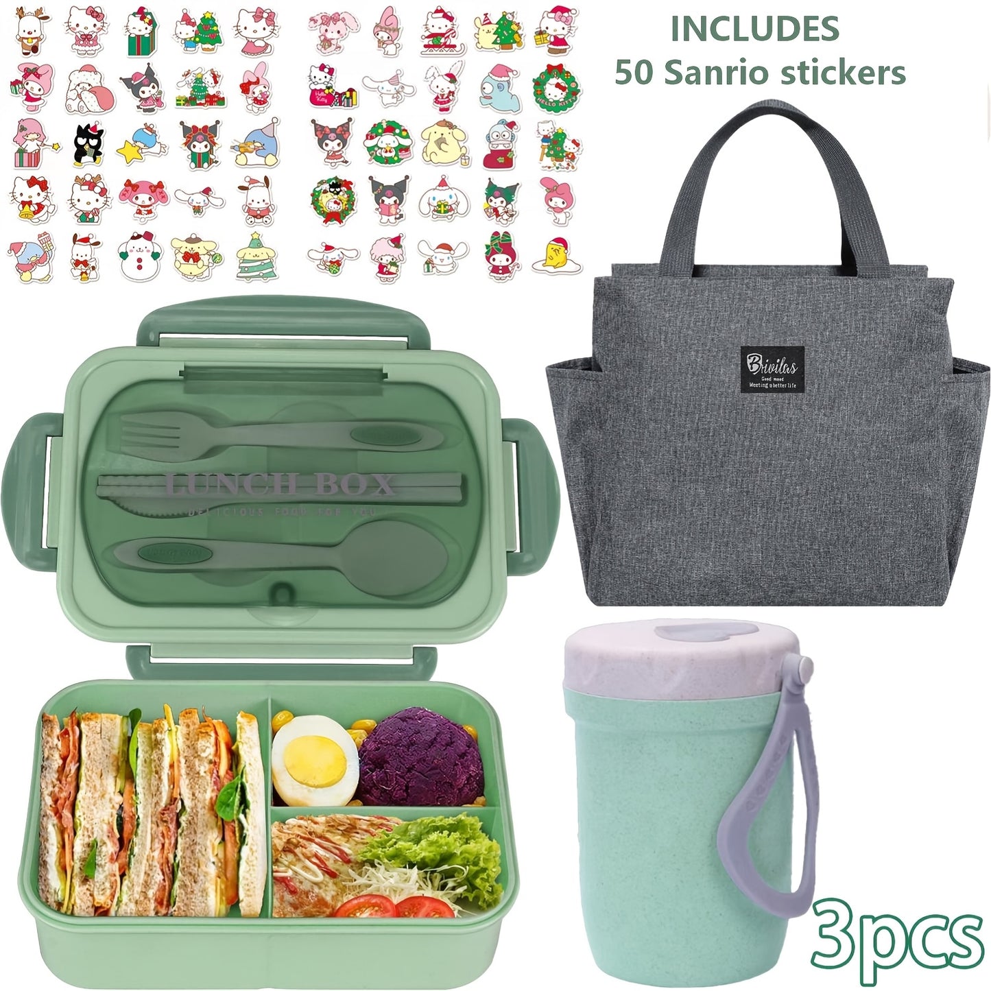 Sanrio Lunch Box Set 53pcs Bento Box with Thermal Bag Breakfast Cup Portable Sealed Compartment Microwave Dishwasher Safe for Work Picnic School