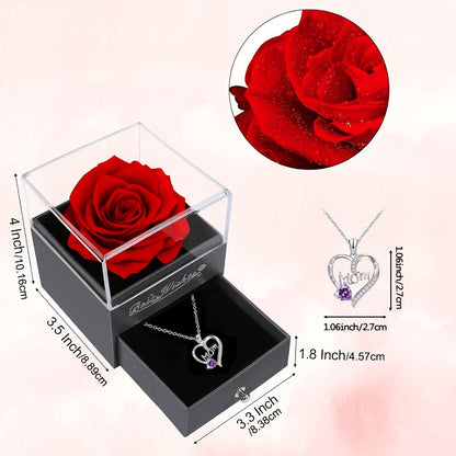 Preserved Real Rose Gift Box with I Love You in 100 Languages Necklace – Romantic Gifts for Girlfriend Wife Mom – Valentine's Day Birthday Mother's Day Christmas Gift Idea for Women