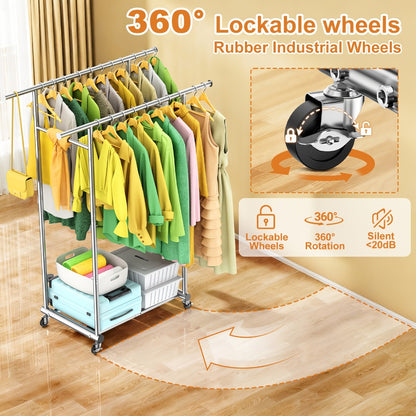 Portable Clothes Rack with Wheels – Heavy Duty Double Rod Garment Rack with Shelves & Hooks | Metal Rolling Clothing Rack for Hanging Clothes | Multi-Functional Closet Rack for Bedroom & Laundry Room