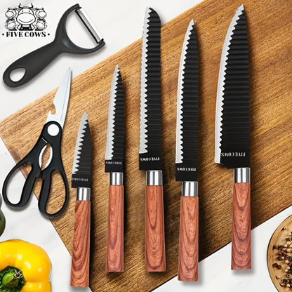 Kitchen Knife Set 6 & 7-Piece High-Carbon Stainless Steel with Ergonomic Wooden Handles – Ultra-Sharp Chef's Knife, Peeler & Scissors