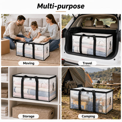 Heavy-Duty Moving Bags Set of 6 – Oversized Storage Totes with Reinforced Handles & Snap-Close Lid, Space Saver Bags for Clothes, Quilts & Moving Supplies, Transparent