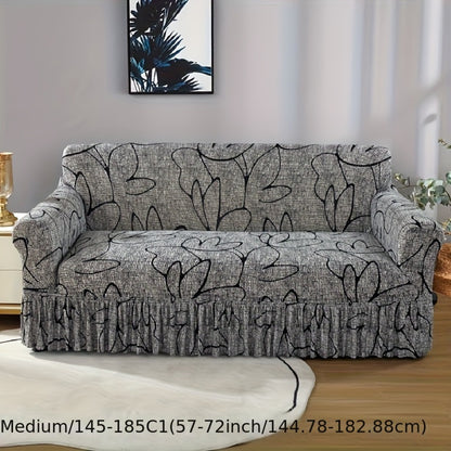 Printed Sofa Cover with Skirt Elastic Four Seasons Universal Furniture Protective Slipcover for Bedroom Office Living Room - 1 2 3 4 Seater Gray