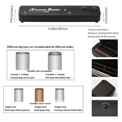 Food Vacuum Sealer Machine 1850W, Automatic Vacuum Sealer with 50 Vacuum Bags — Compact Food Preservation Air Sealer for Fresh Food & Long-Term Storage | Black & White
